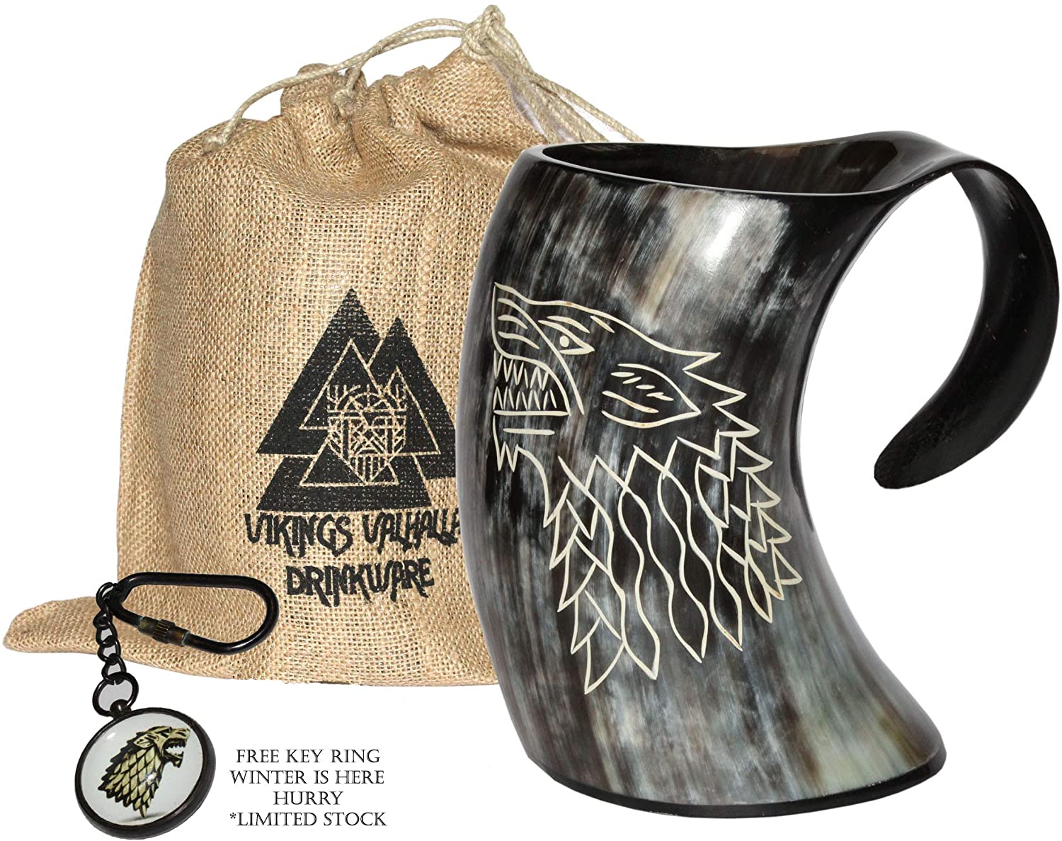 ZAHANAARA’s Vikings Valhalla Game of thrones stark house viking drinking horn mug wolf carved tankard for beer wine mead ale